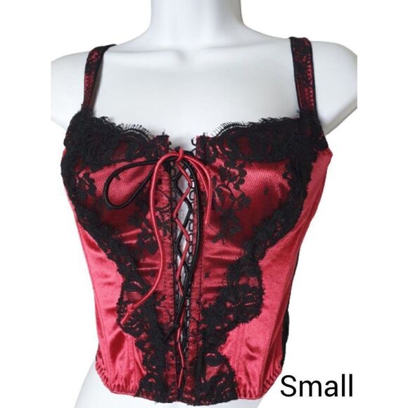 Women's Red Satin and Black Lace Corset Bustier Lingerie Sm NWOT - Picture 1 of 8